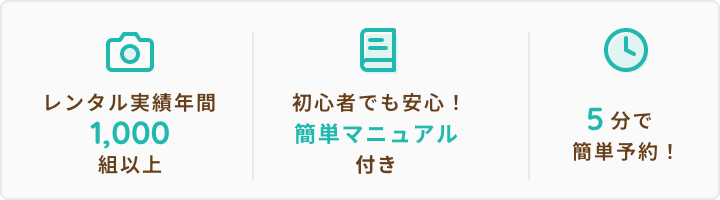 レンタル実績年間1,000組以上 | 初心者でも安心！簡単マニュアル付き | 5分で簡単予約！